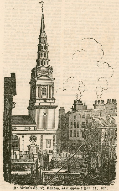 St Brides Church, Fleet Street, Lontoo, sellaisena kuin se ilmestyi 11. tammikuuta 1825 tekijältä English School