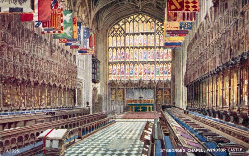 Pyhän Yrjön kappeli Windsorin linnassa, Berkshiressä (väri litho) tekijältä English School