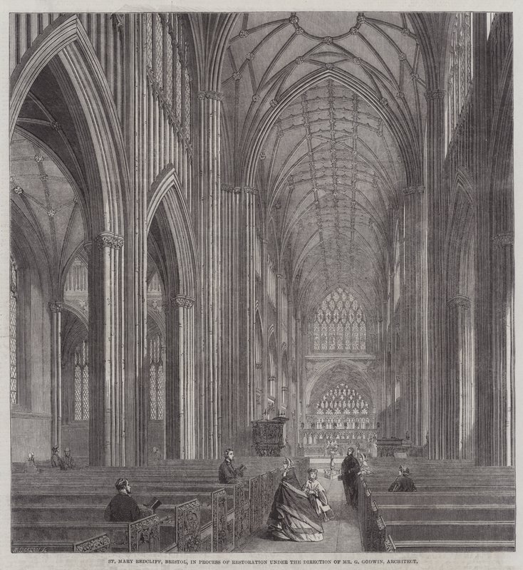 St Mary Redcliffe, Bristol, restaurointiprosessissa arkkitehti G Godwinin johdolla (kaiverrus) tekijältä English School