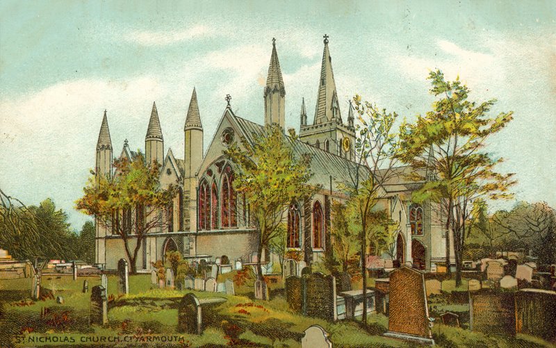 Pyhän Nikolauksen kirkko, Great Yarmouth (väri litho) tekijältä English School