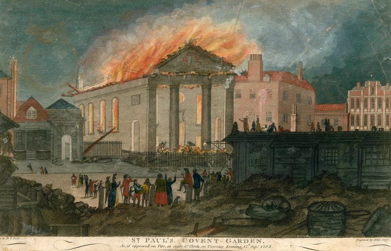 St Pauls Church, Covent Garden, Lontoo, sellaisena kuin se syttyi tuleen kello 8 illalla 17. syyskuuta 1795 tekijältä English School
