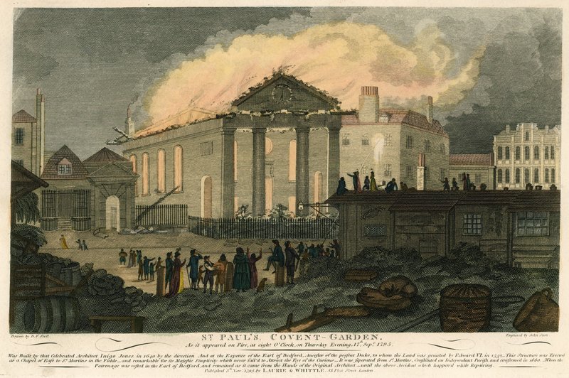St Pauls, Covent Garden, Lontoo, sellaisena kuin se ilmestyi tuleen iltana 17. syyskuuta 1795 tekijältä English School