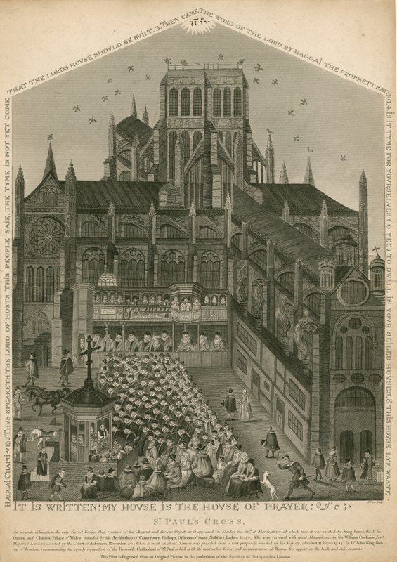 St Pauls Cross, Lontoo, sellaisena kuin se ilmestyi 26. maaliskuuta 1620 tekijältä English School