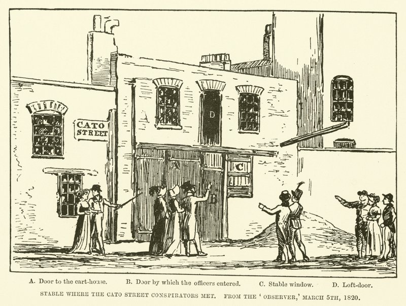 Talli, jossa Cato Streetin salaliittolaiset tapasivat, Observerilta, 5. maaliskuuta 1820 (kaiverrus) tekijältä English School