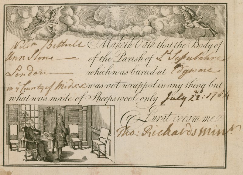 Lausunto, että Ann Slone haudattiin lampaan villaan, 1784 tekijältä English School