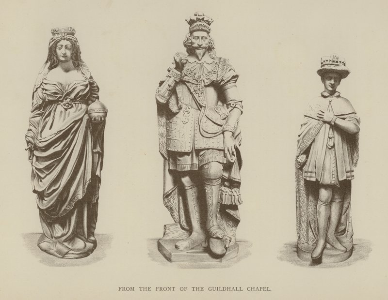 Kuningatar Elisabet I:n, kuningas Kaarle I:n ja kuningas Edward VI:n patsaat Guildhallin kappelin edestä Lontoon Cityssä tekijältä English School
