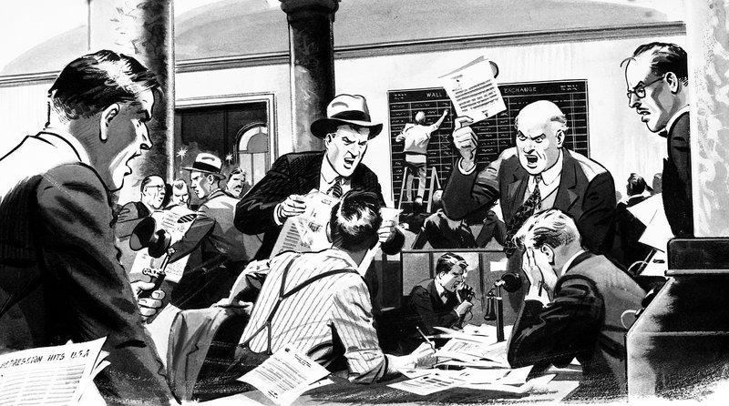 Osakemeklarin toimisto Wall Streetin romahduksen aikana vuonna 1929 tekijältä English School