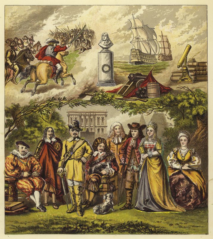 Stuarts, Commonwealth ja House of Orange; King James I, King Charles I, Oliver Cromwell, King Charles II, King James II, William ja Mary, Queen Anne tekijältä English School