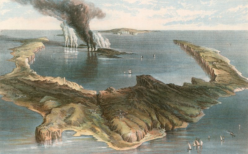 Vedenalainen tulivuori - Santorinin saari vuoden 1866 tulivuorenpurkauksen aikana. tekijältä English School