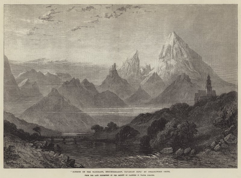 Auringonnousu Watzmannilla, Berchtesgadenissa, Baijerin Alpeilla (kaiverrus) tekijältä English School