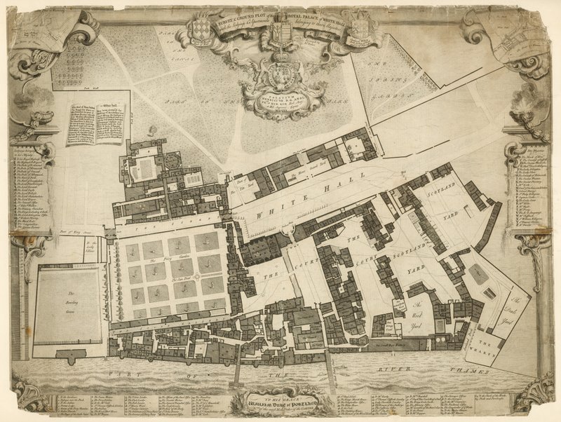 Whitehallin kuninkaallisen palatsin kartoitus ja pohjatontti 1680 sekä heidän Majesteettiensa majoitukset ja huoneistot tekijältä English School