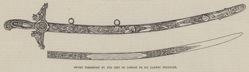 Lontoon Cityn esittämä miekka Sir Garnet Wolseleylle (kaiverrus) tekijältä English School
