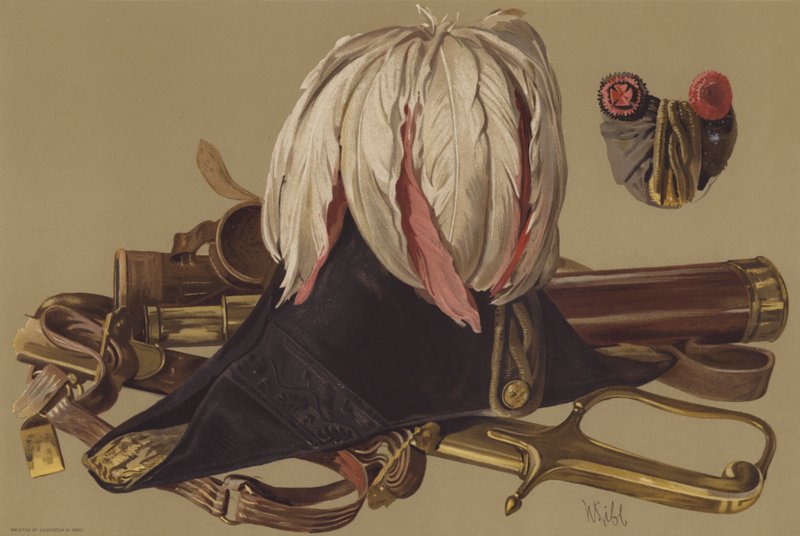 Wellingtonin herttuan teleskooppi ja miekka ja hattu, joita hän käytti Waterloossa (chromolitho) tekijältä English School