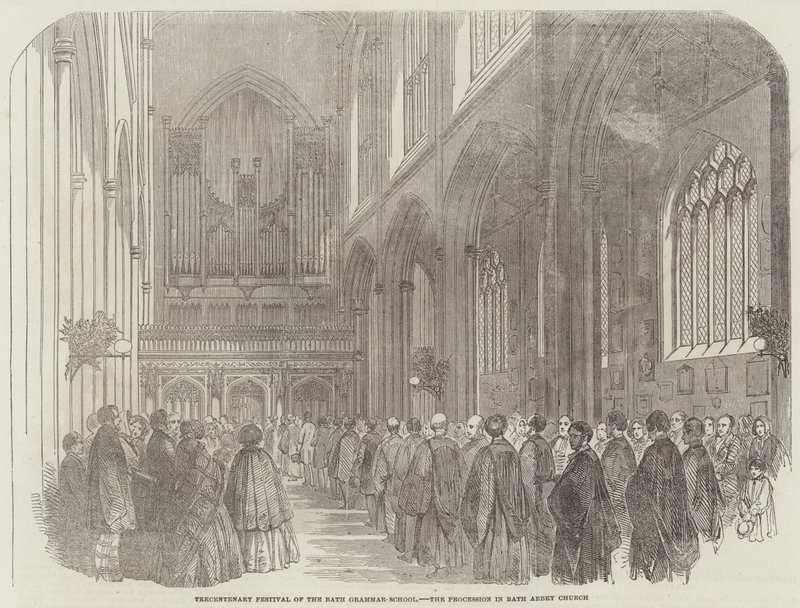 Bath Grammar-Schoolin 300-vuotisjuhla, kulkue Bath Abbey -kirkossa (kaiverrus) tekijältä English School