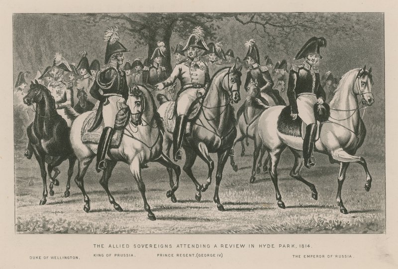 Allied Suvereigns osallistuu katsaukseen Hyde Parkissa, 1814 tekijältä English School