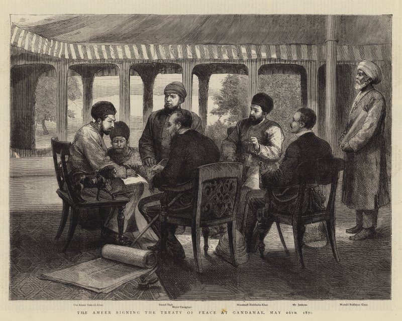 Ameer allekirjoitti rauhansopimuksen Gandamakissa, 26. toukokuuta 1879 (kaiverrus) tekijältä English School
