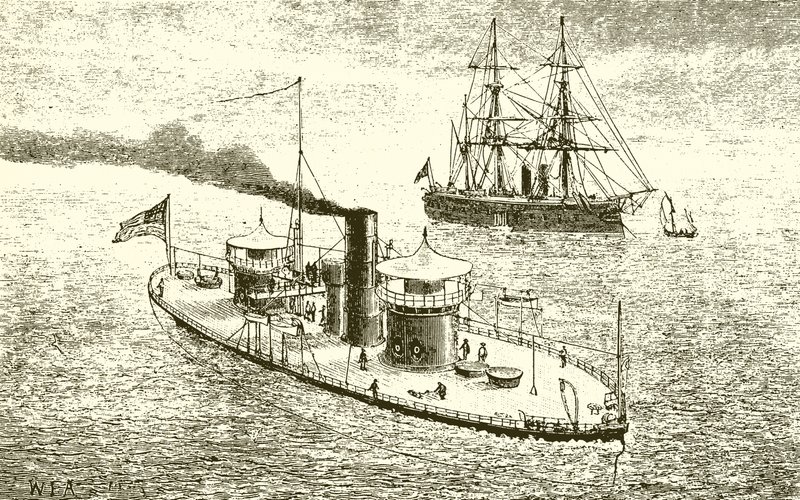 Amerikkalainen kaksoistornillinen sotalaiva Miantonoma ja Ironclad tekijältä English School