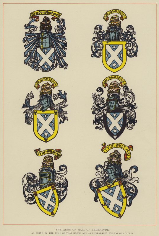 Haig of Bemersyden käsivarret, talon päällikön kantamana ja erilaisten kadettien välillä (väri litho) tekijältä English School