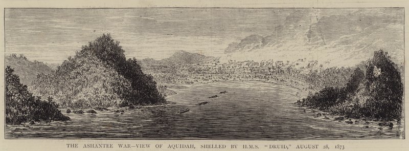 Ashanteen sota, Aquidahin näkymä, HMS "Druid" pommitti, 28. elokuuta 1873 (kaiverrus) tekijältä English School
