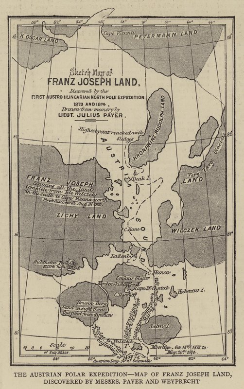 Itävallan naparetkikunta, Franz Josephin maan kartta, jonka löysivät Messers Payer ja Weyprecht (kaiverrus) tekijältä English School