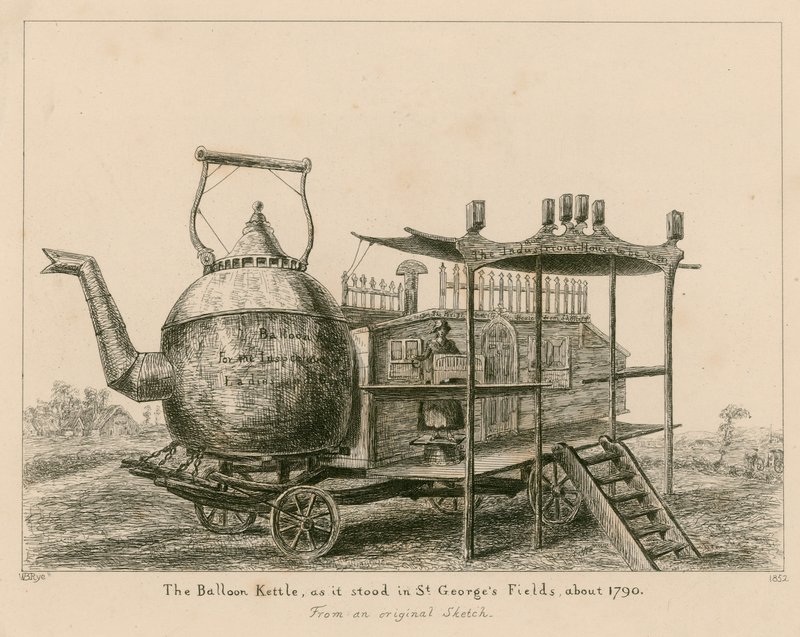 Balloon Kettle, sellaisena kuin se seisoi St Georges Fieldsissä Lontoossa, noin 1790 tekijältä English School