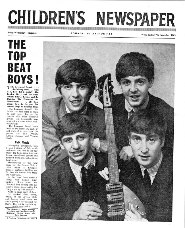 The Beatles, The Childrens Newspaperin etusivu, joulukuu 1963 (sanomalehtipaperi) tekijältä English School