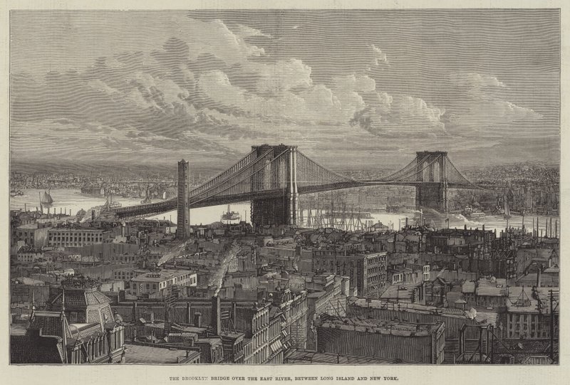 Brooklynin silta East Riverin yli, Long Islandin ja New Yorkin välillä (kaiverrus) tekijältä English School