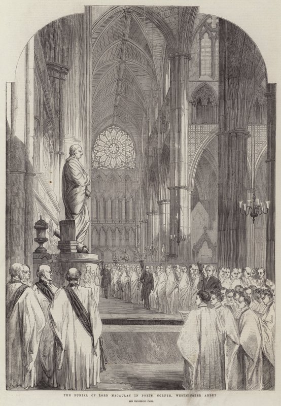 Lordi Macaulayn hautaus Runoilijan kulmassa, Westminster Abbeyssa (kaiverrus) tekijältä English School
