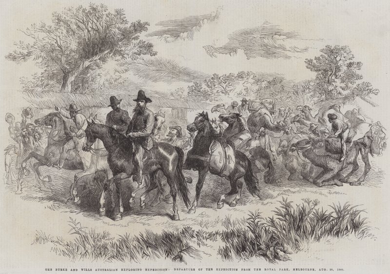 Burke and Wills Australian Exploring Expedition, retkikunnan lähtö Royal Parkista, Melbourne, 20. elokuuta 1860 (kaiverrus) tekijältä English School