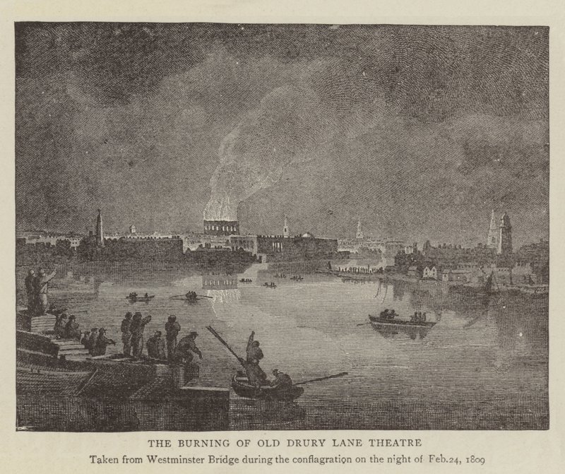 The Burning of Old Drury Lane -teatteri (kaiverrus) tekijältä English School