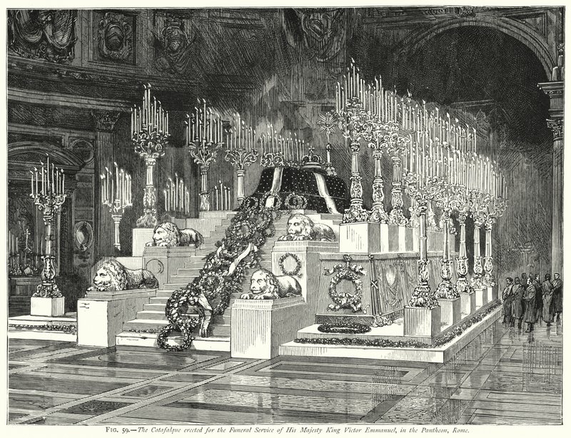 Katafalkki, joka pystytettiin Hänen Majesteettinsa kuningas Victor Emmanuelin hautajaisia varten, Pantheonissa, Roomassa (kaiverrus) tekijältä English School