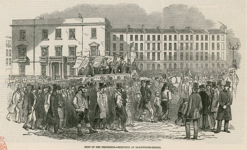 Chartistien kokous Kennington Commonilla vuonna 1848, osa kulkuetta - luonnosteltu Blackfriars Bridgellä tekijältä English School