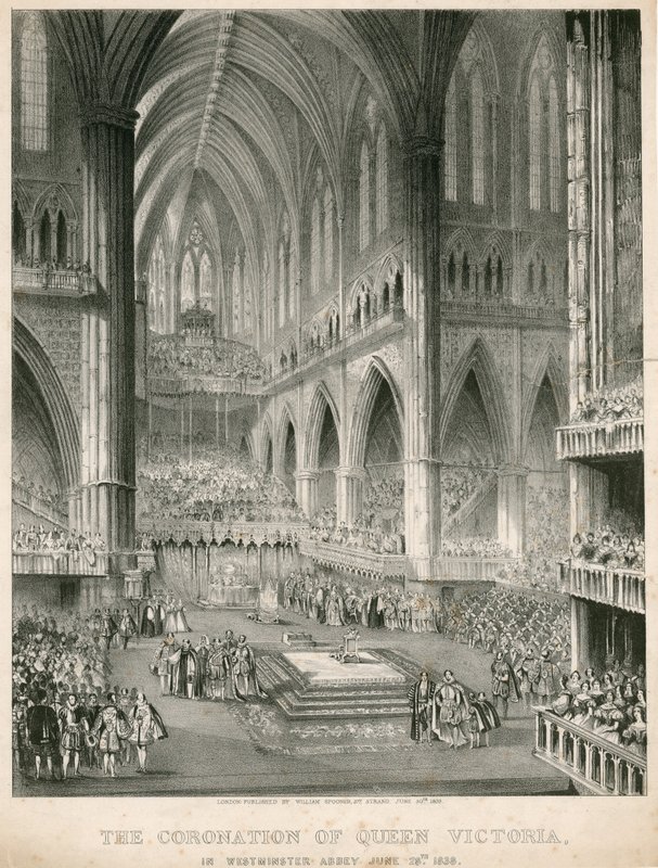 Kuningatar Victorian kruunaus Westminster Abbeyssa, 28. kesäkuuta 1838 tekijältä English School