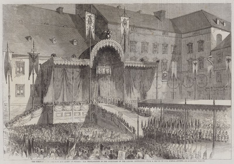 Preussin kuninkaan ja kuningattaren kruunaus, julistus Schlossin pihalla, Königsberg (kaiverrus) tekijältä English School