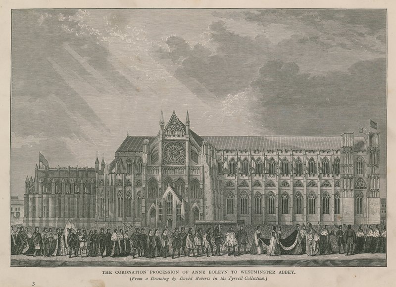 Anne Boleynin kruunauskulkue Westminster Abbeyyn tekijältä English School
