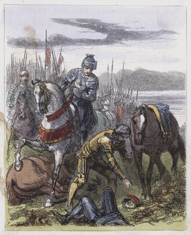 Richard III:n kruunu, löydetty Bosworth Fieldistä (värillinen kaiverrus) tekijältä English School
