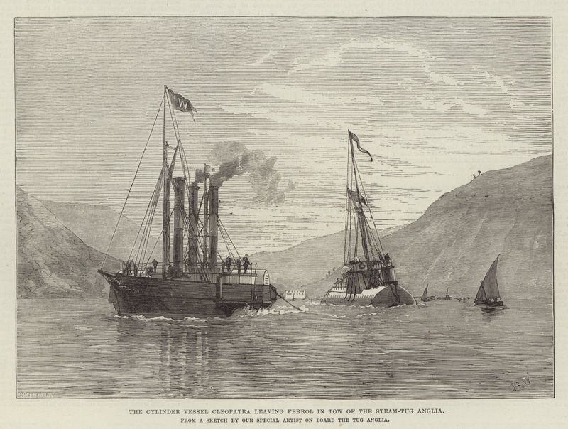 Sylinterialus Cleopatra lähtee Ferrolista Steam-Tug Anglian perässä (kaiverrus) tekijältä English School