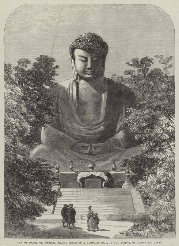 Daiboodh eli kolossaalinen buddhalaisen epäjumalan pronssikuva Kamakuran temppelissä Japanissa (kaiverrus) tekijältä English School