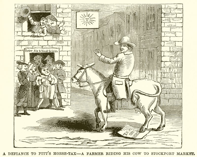 Uhmaus Pitts Horse Taxille - Maanviljelijä ratsastaa lehmällään Stockport Marketille tekijältä English School
