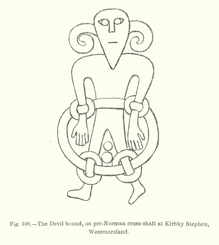 The Devil sidottu, pre-normanin ristikkäisakselilla Kirkby Stephenissä, Westmorlandissa (kaiverrus) tekijältä English School