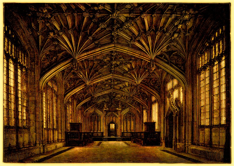 The Divinity School, Oxford: rakennettu vuosina 1445–1454, kuvitus Samuel R. Gardinerin Englannin opiskelijoiden historiasta, julkaistu 1902 (digitaalisesti paranneltu kuva) tekijältä English School