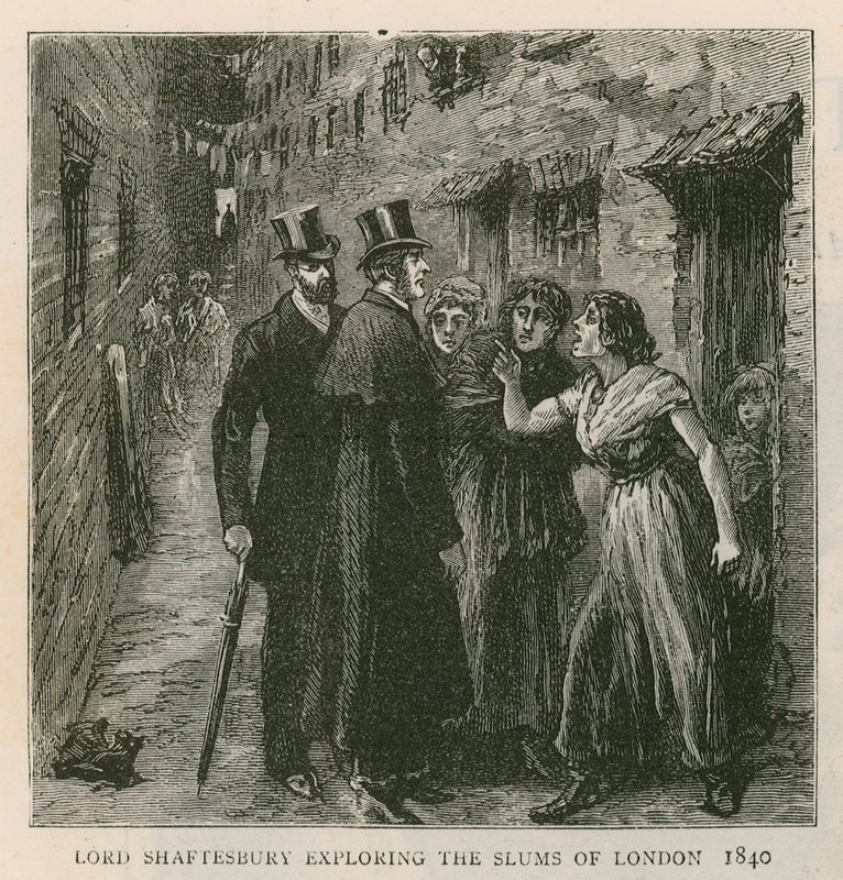 Earl of Shaftesbury; tutkimassa Lontoon slummeja, 1840 tekijältä English School