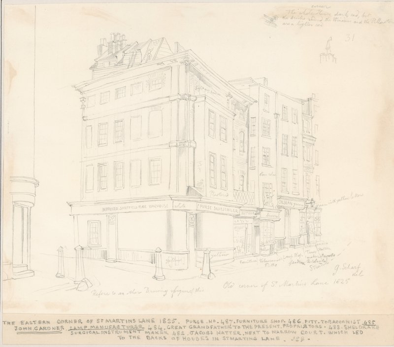 St Martins Lanen itänurkkaus, Lontoo, 1825 tekijältä English School