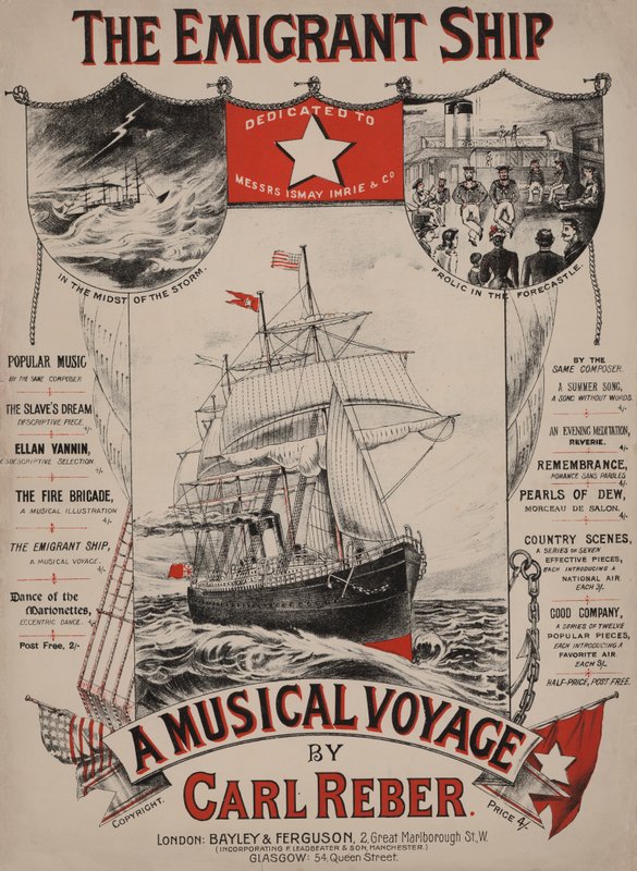 The Emigrant Ship, viktoriaaninen nuotinkansi (värilitografia) tekijältä English School