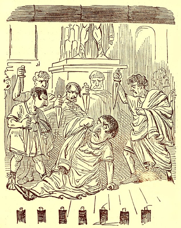 Julius Caesarin loppu, kuvitus Gilbert Abbott a Beckettin teoksesta The Comic History of Rome, julkaistu noin 1850 (digitaalisesti paranneltu kuva) tekijältä English School