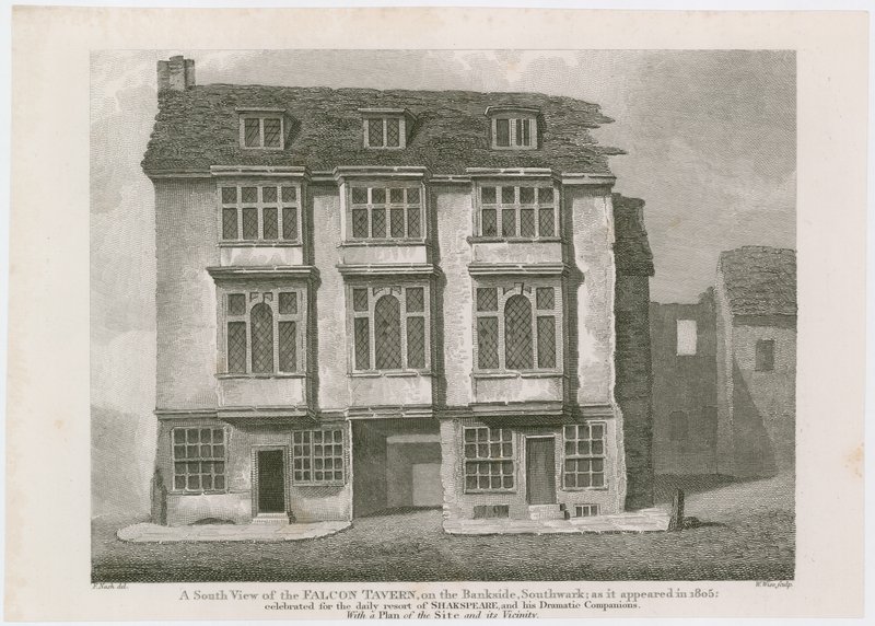 Falcon Tavern Banksidessa, Southwarkissa. Kuten se ilmestyi vuonna 1805 tekijältä English School