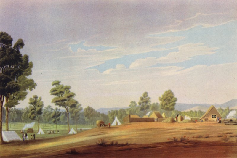 Adelaiden ensimmäinen paikka, Etelä-Australia, c1837 (värilitho) tekijältä English School
