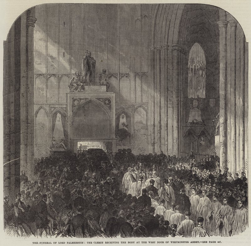 Lord Palmerstonin hautajaiset, papisto vastaanottamassa ruumiin Westminster Abbeyn länsiovella (kaiverrus) tekijältä English School