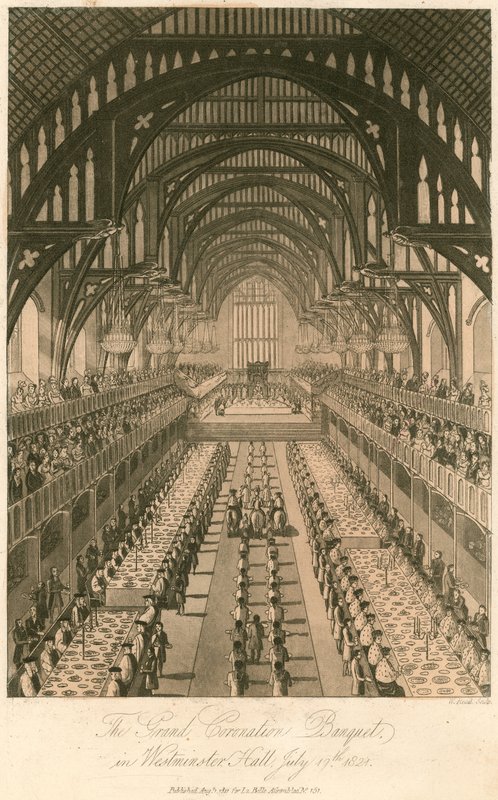Kuningas Yrjö IV:n kruunausjuhla Westminster Hallissa, 17. heinäkuuta 1821 tekijältä English School