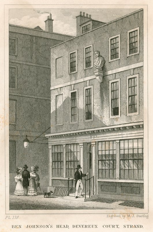 Grecian Coffee House, Devereux Court, Strand, jossa on Ben Johnsonin rintakuva tekijältä English School